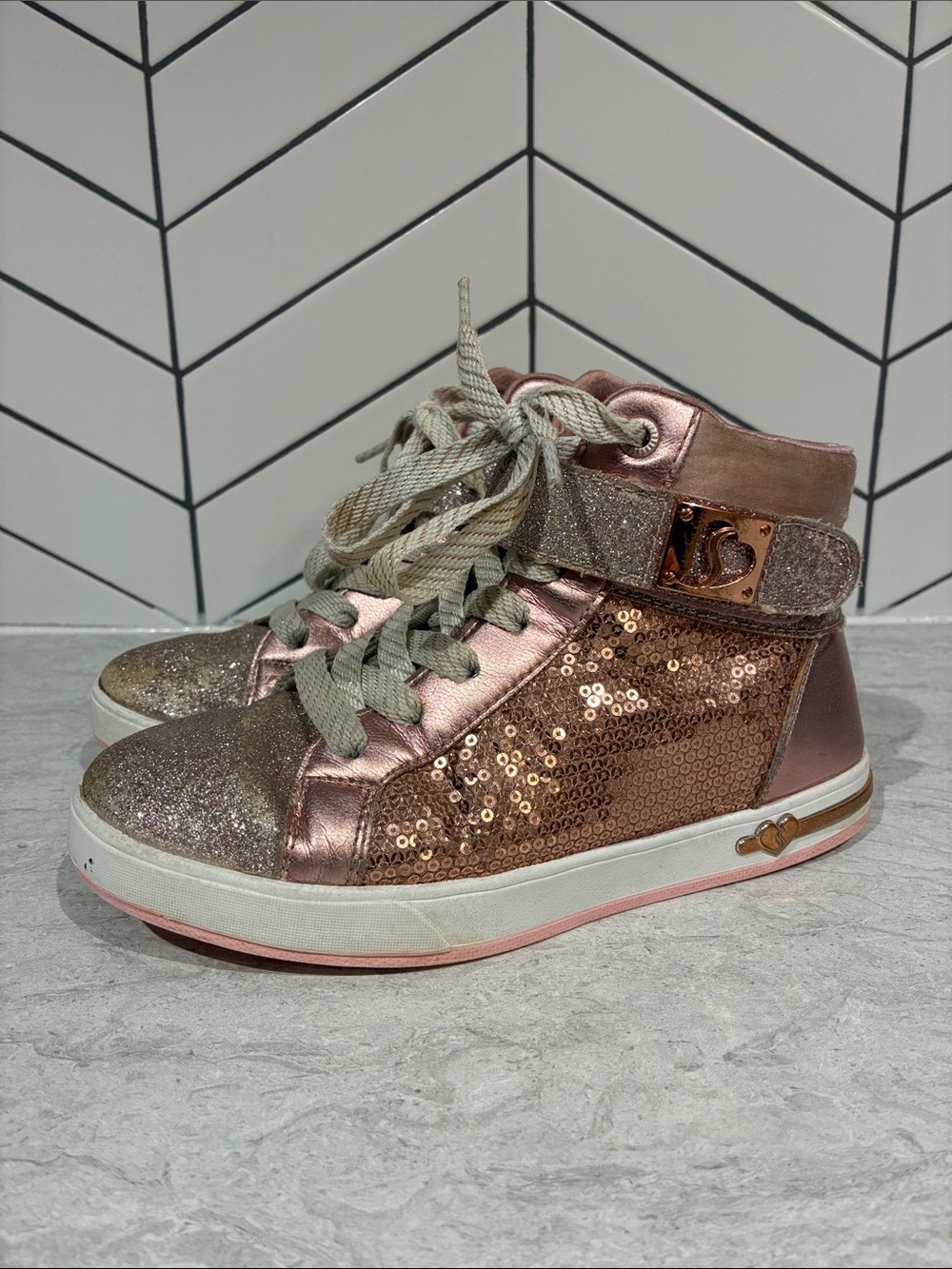 Sketchers (Little Girl 2) Rose Gold High-Top Sequin Sneakers